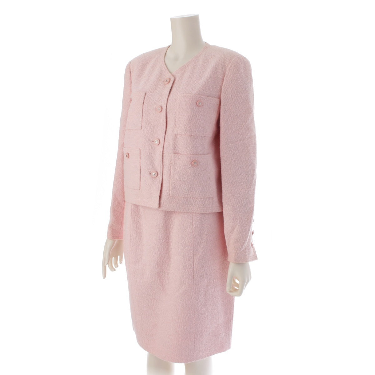 CHANEL 96P Cotton Tweed Vintage COCO Button Camellia Jacket Skirt setup Graffiti lining 4 pockets P07027 pink 40