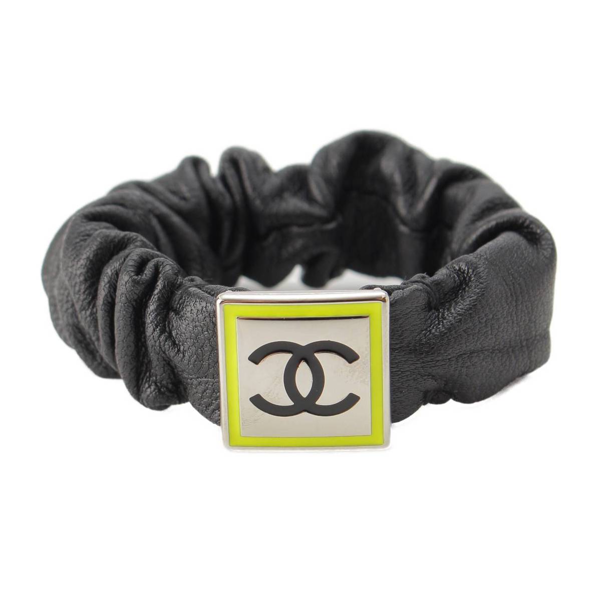 [Chanel] Chanel B21B COCO Mark Lambskin Scrunchie Hair Tie AB6832 Black x Silver x Yellow [Used] [Authenticated and Guaranteed Authentic] 212024