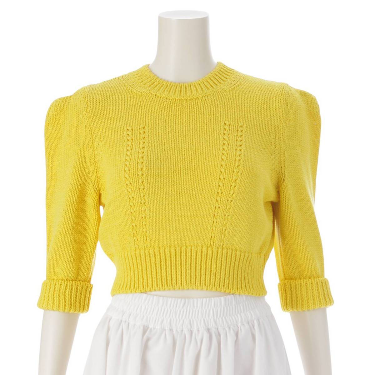 [Chanel] Chanel 22S COCO Button Cotton Puff Sleeve Short Knit Top P72760 Yellow 34 [Used] [Authenticated and Guaranteed Authentic] 212185