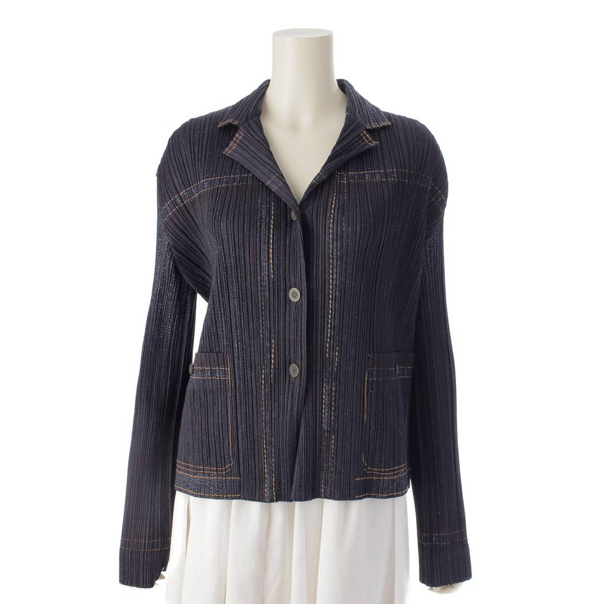 [Pleated Please Issey Miyake] PLEATS PLEASE ISSEY Pleated denim-style jacket, shirt, top, PP23JD922, blue, size 4, [Used] [Authenticated and genuine product guaranteed] 212209