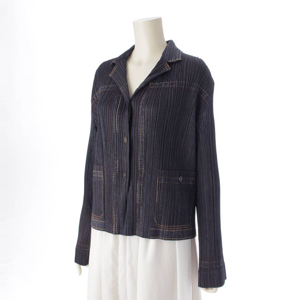 [Pleated Please Issey Miyake] PLEATS PLEASE ISSEY Pleated denim-style jacket, shirt, top, PP23JD922, blue, size 4, [Used] [Authenticated and genuine product guaranteed] 212209