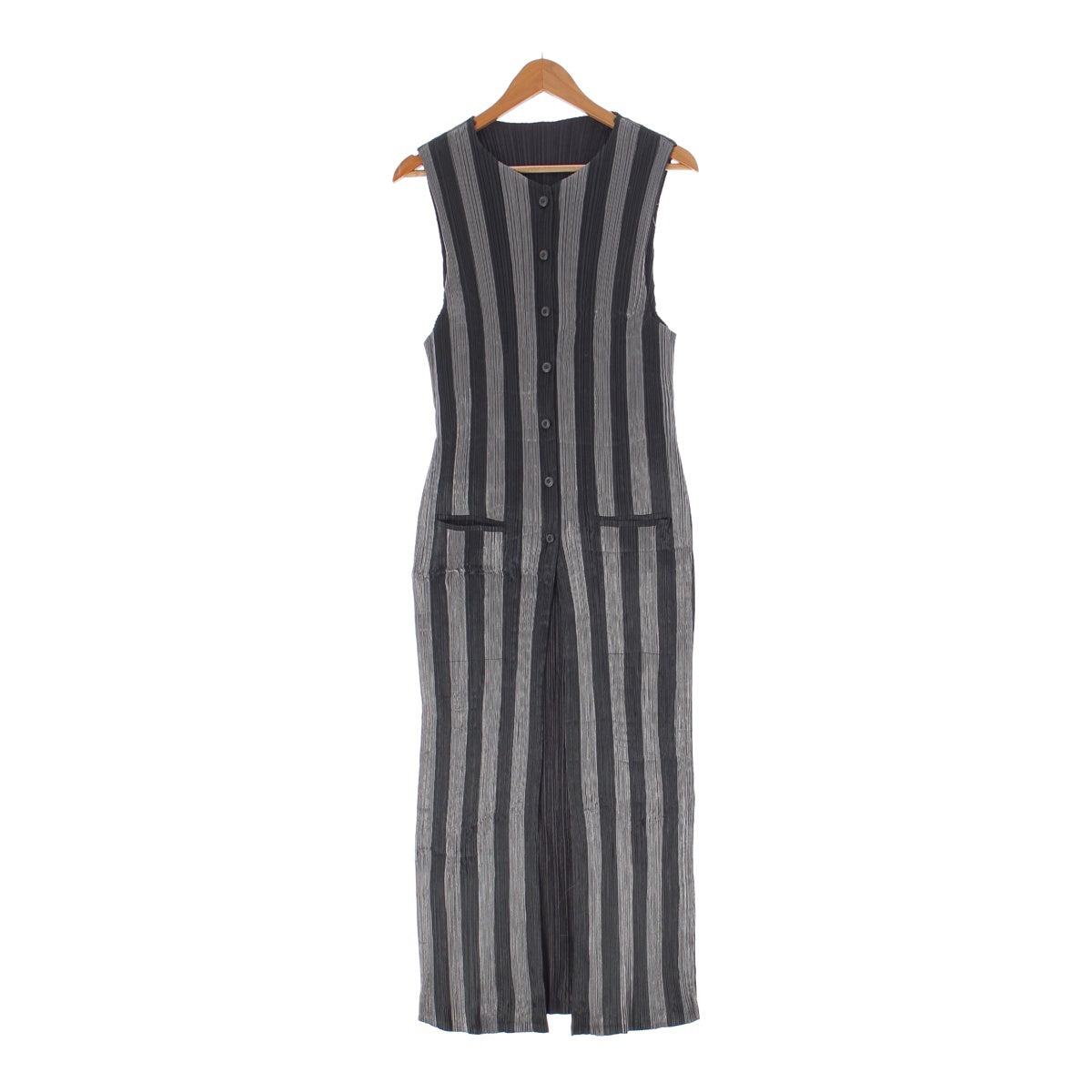 Issey Miyake Pleated Striped Long Gilet Sleeveless Dress IM71-FE911 Black L