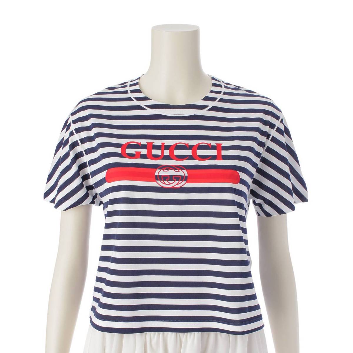 GUCCI Logo Print Stripes Short sleeve T-shirt tops 789314 XJGL9 Blue white S
