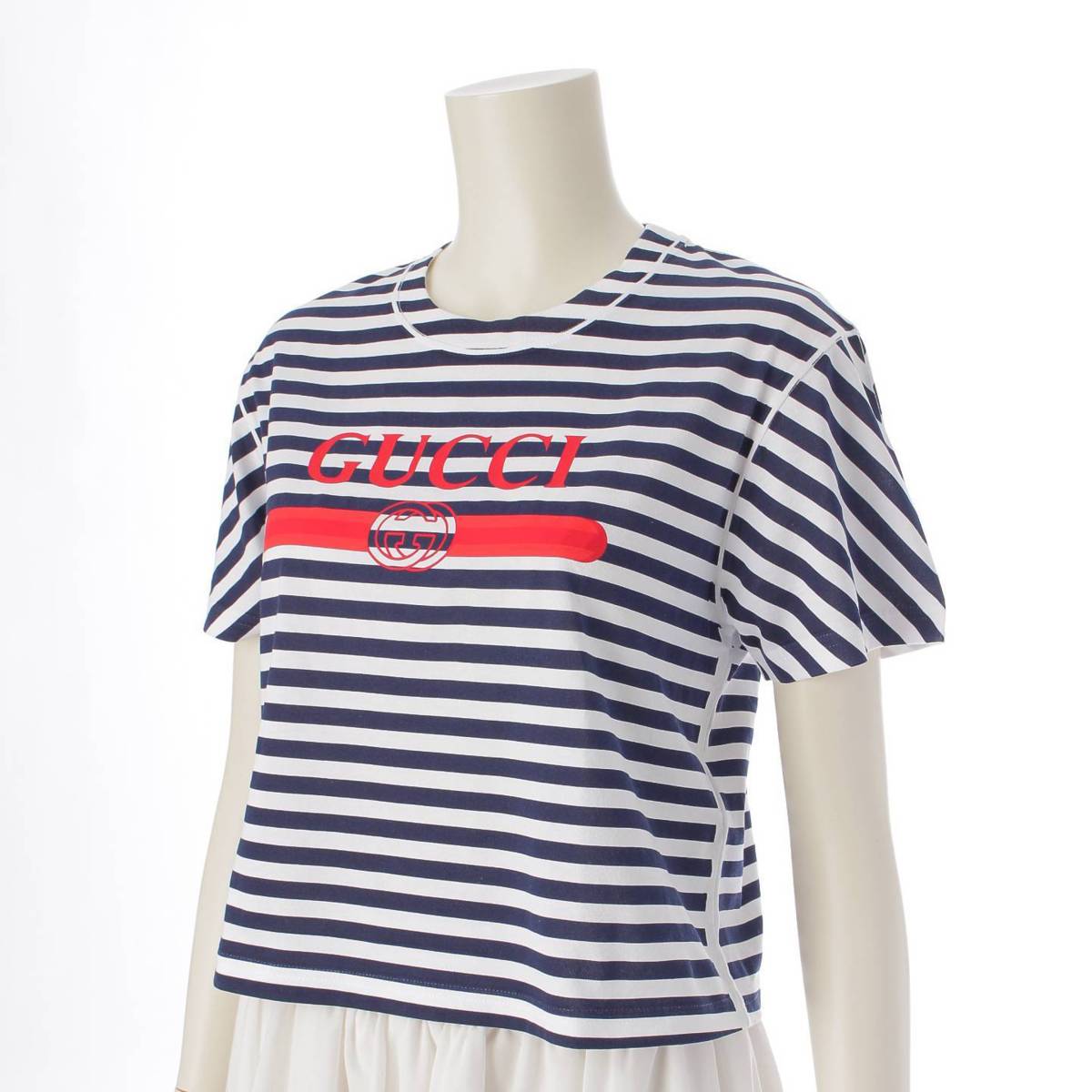 GUCCI Logo Print Stripes Short sleeve T-shirt tops 789314 XJGL9 Blue white S