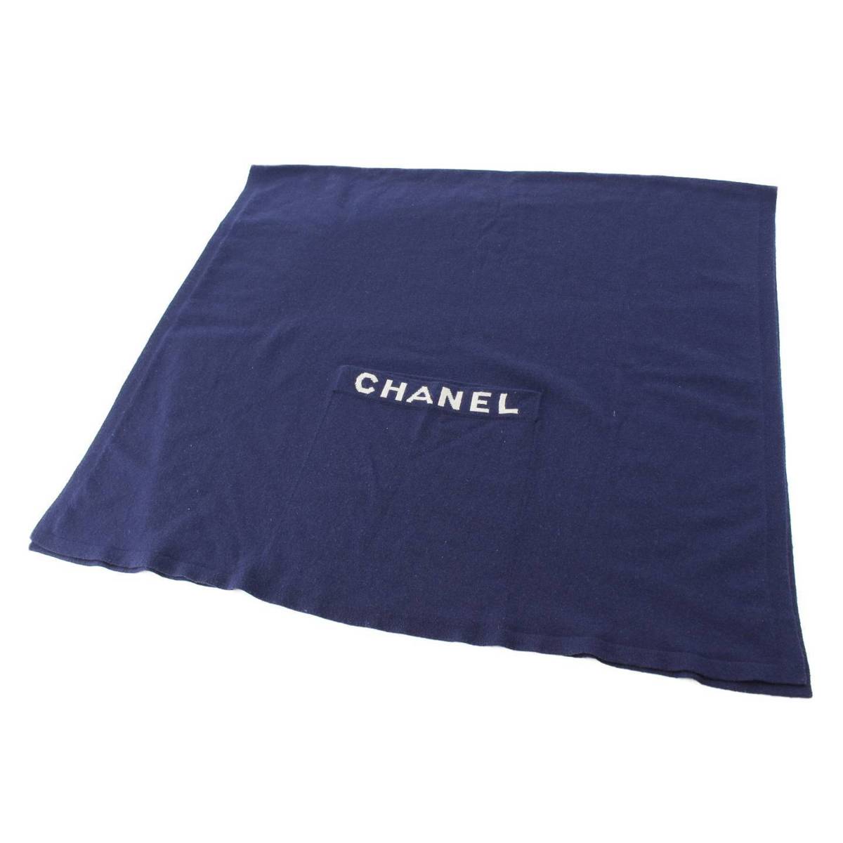 [Chanel] Chanel logo pocket cashmere scarf stole shawl navy [Used] [Authenticated and genuine product guaranteed] 212363
