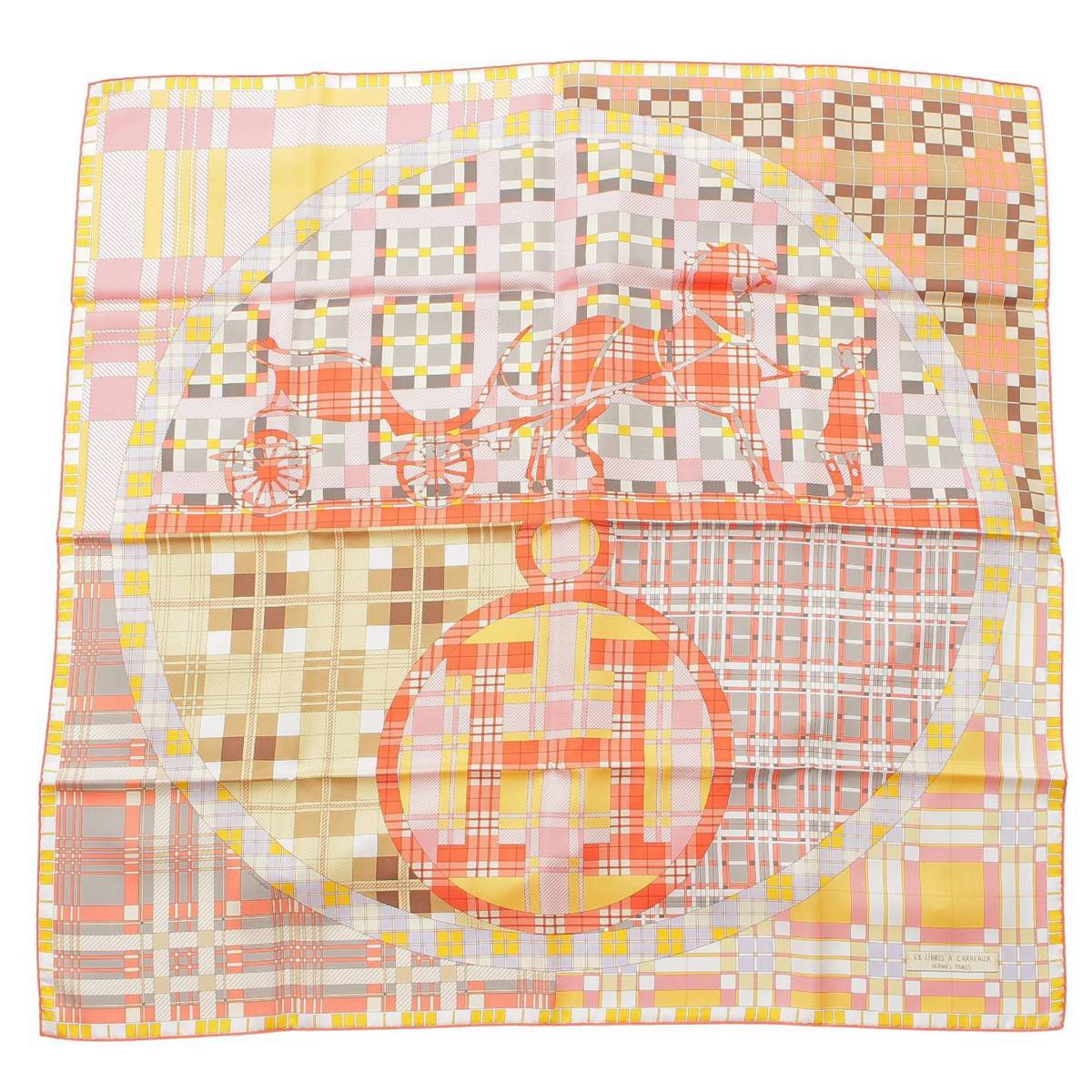 [Hermes] Hermes Carre 90 Ex-Libris A Carreaux Ex-Libris Check Silk Scarf Coral [Used] [Authenticated and Guaranteed Authentic] 212403