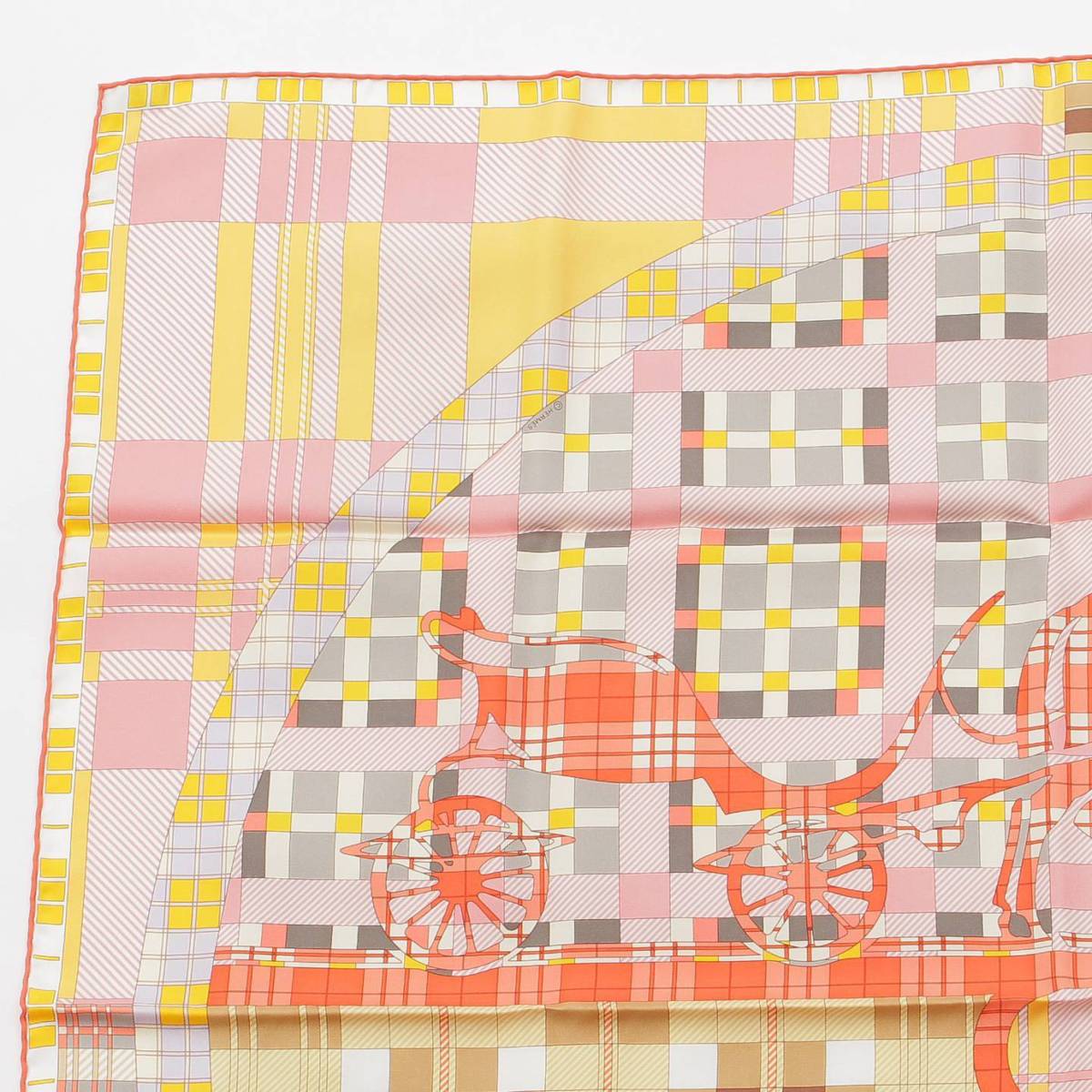 [Hermes] Hermes Carre 90 Ex-Libris A Carreaux Ex-Libris Check Silk Scarf Coral [Used] [Authenticated and Guaranteed Authentic] 212403