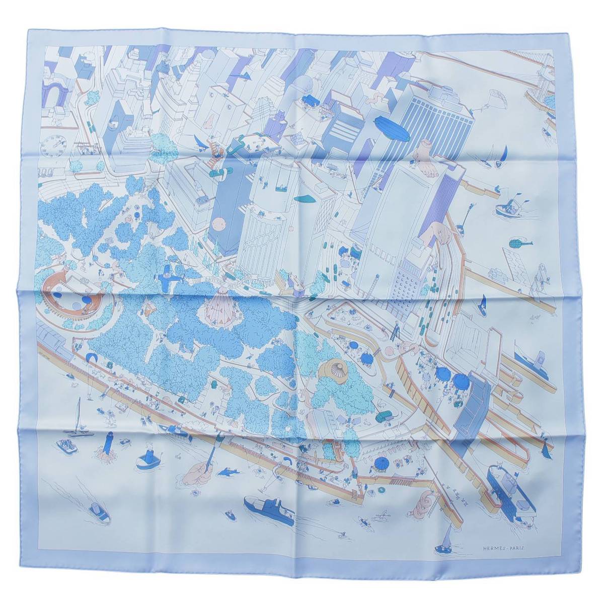 [Hermes] Hermes Carré 90 THE BATTERY NEW-YORK Silk Scarf Blue [Used] [Authenticated and Guaranteed Authentic] 212406