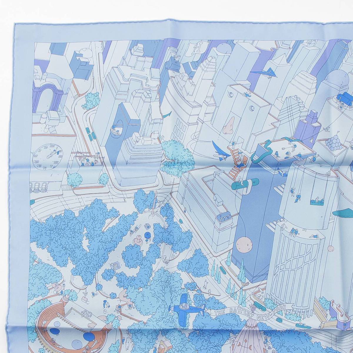 [Hermes] Hermes Carré 90 THE BATTERY NEW-YORK Silk Scarf Blue [Used] [Authenticated and Guaranteed Authentic] 212406