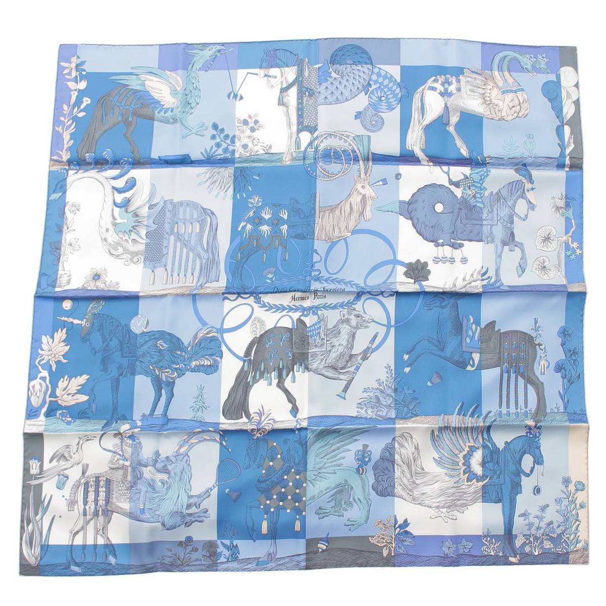 [Hermes] Hermes Carre 90 Della Cavalleria Favolosa Silk Scarf Blue [Used] [Authenticated and Guaranteed Authentic] 212409