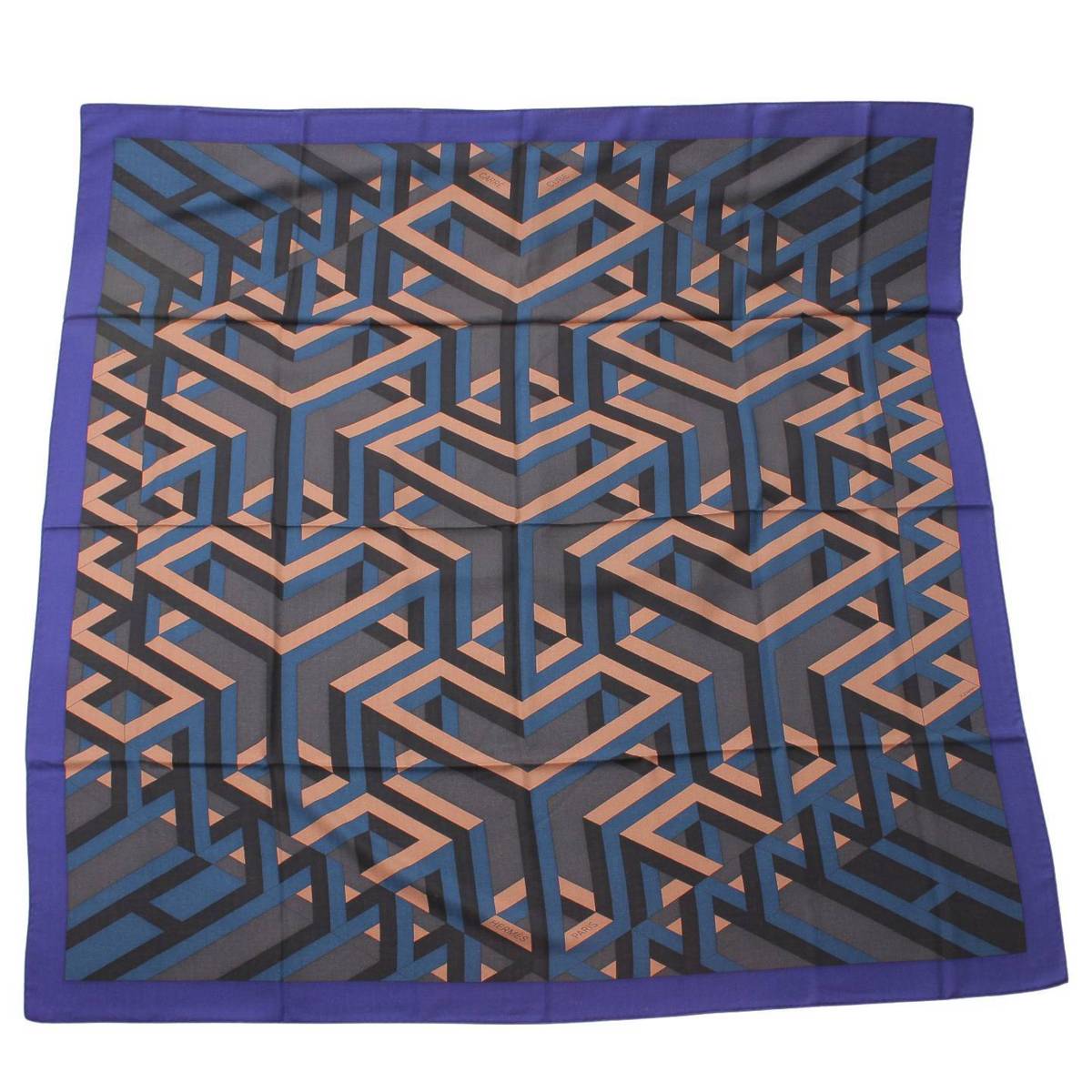 [Hermes] Hermes Carre Geant 140 Cashmere Silk Stole Large Scarf CARRE CUBE Geometric Blue [Used] [Authenticated and Guaranteed Authentic] 212424