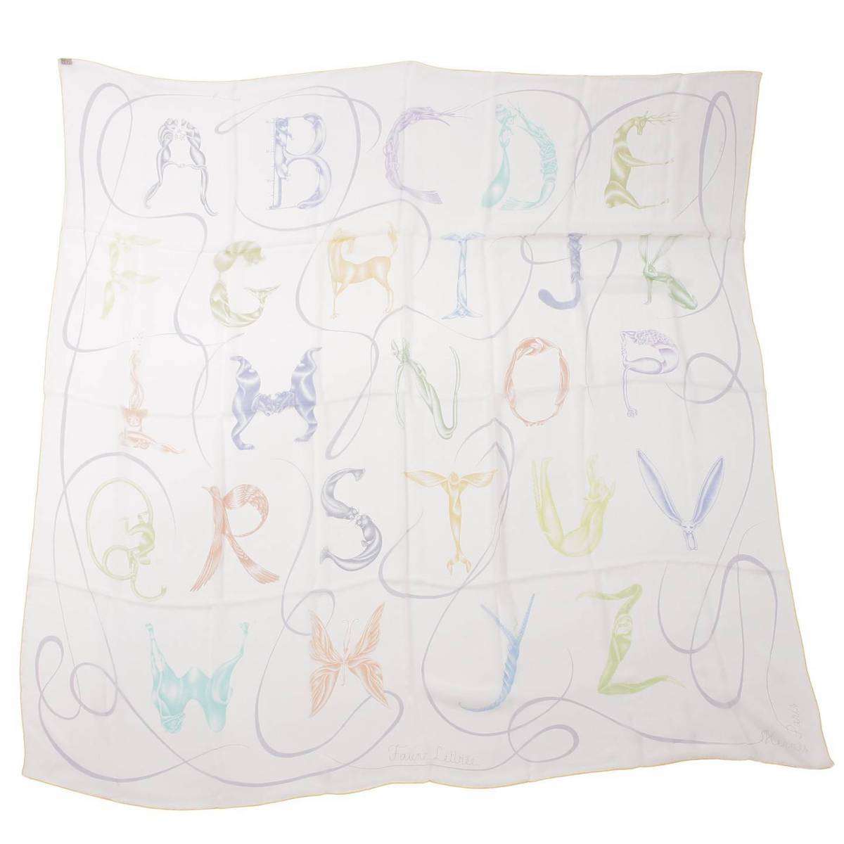 [Hermes] Hermes Carré 140 Faune Lettree Alphabet Animal Magazine Silk Chiffon Scarf White [Used] [Authenticated and Guaranteed Authentic] 212425