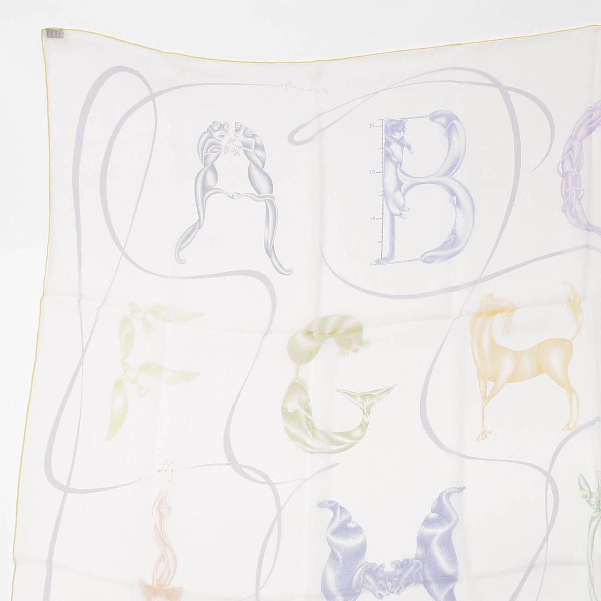 [Hermes] Hermes Carré 140 Faune Lettree Alphabet Animal Magazine Silk Chiffon Scarf White [Used] [Authenticated and Guaranteed Authentic] 212425