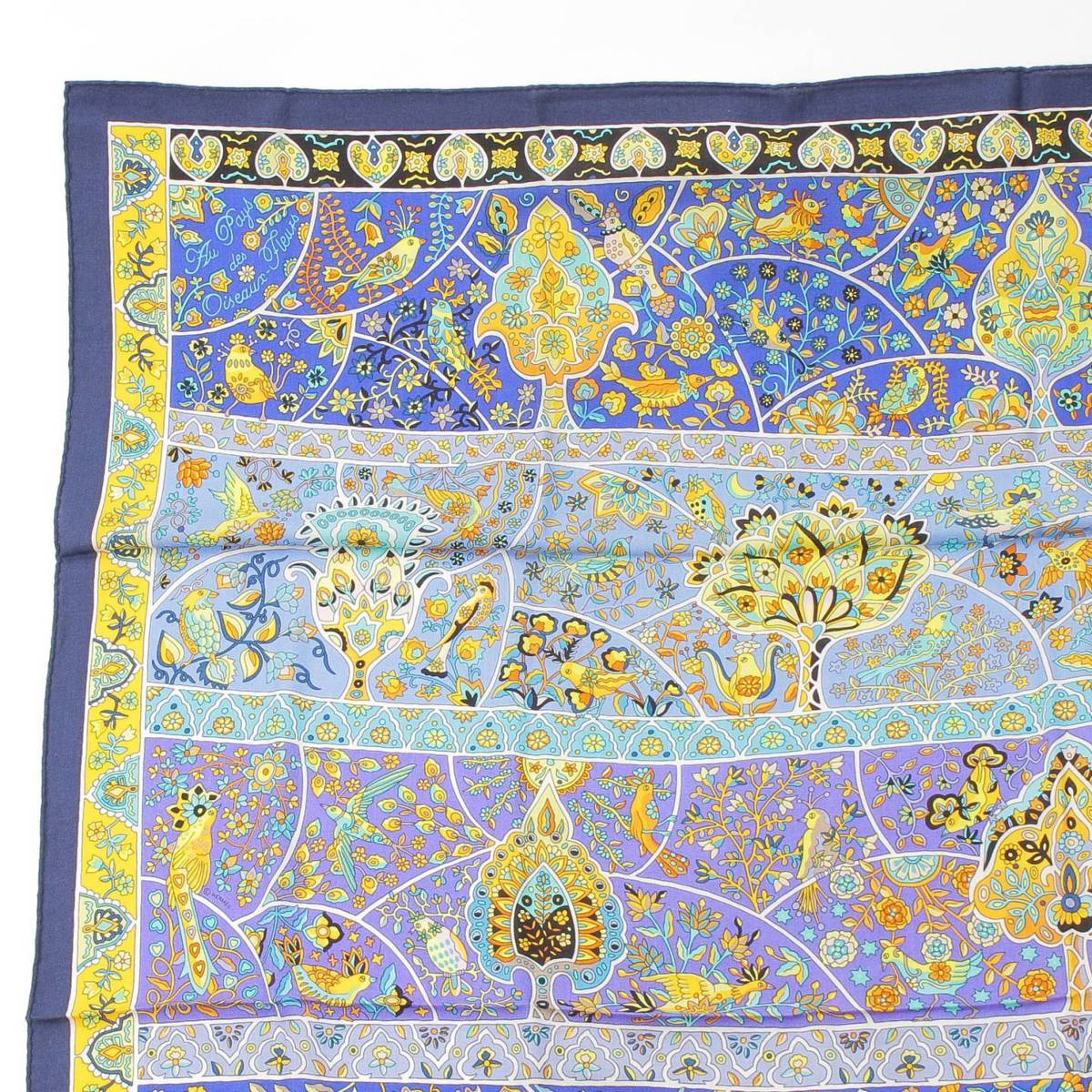 [Hermes] Hermes Carre Geant 140 Cashmere Silk Stole Au Pays des Oiseaux Fleurs Blue [Used] [Authenticated and Guaranteed Authentic] 212426