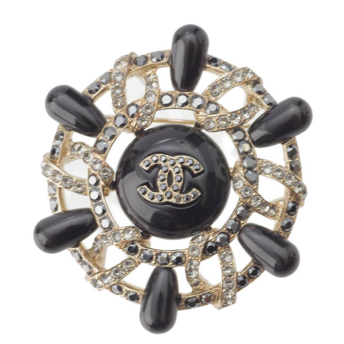 [Chanel] Chanel 18A COCO Mark Stone Crystal Round Brooch Gold Metal Black [Used] [Authenticated and Guaranteed Authentic] 212562