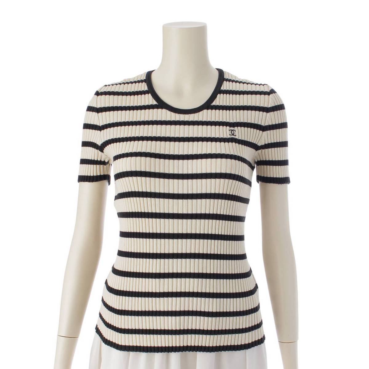 [Chanel] Chanel COCO Mark Border Short Sleeve Ribbed Knit Top P10235 White x Black 42 [Used] [Authenticated and Guaranteed Authentic] 212594