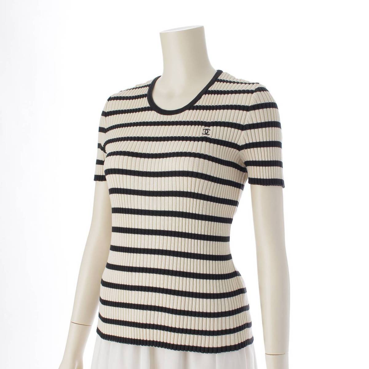 [Chanel] Chanel COCO Mark Border Short Sleeve Ribbed Knit Top P10235 White x Black 42 [Used] [Authenticated and Guaranteed Authentic] 212594
