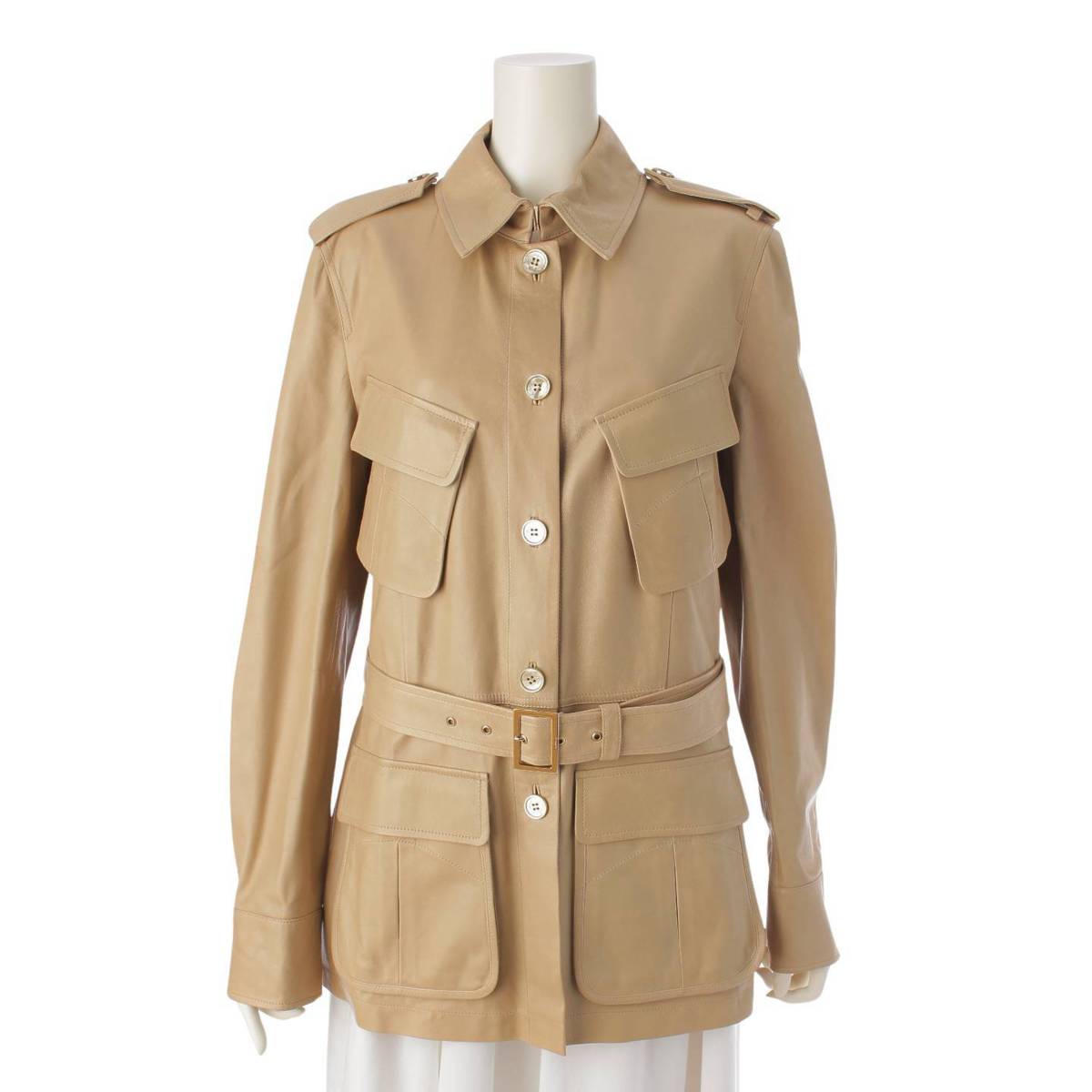 [Salvatore Ferragamo] Salvatore Ferragamo Real Leather Gancini Belted Medium Balmacaan Coat Beige 44 [Used] [Authenticated and Guaranteed Authentic] 212613