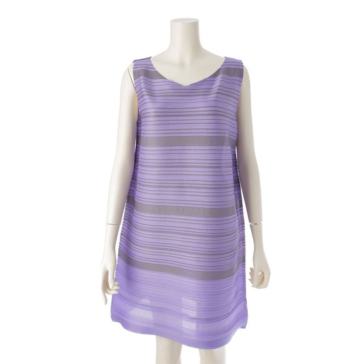 [Pleated Please Issey Miyake] PLEATS PLEASE ISSEY Pleated Border Sleeveless One-Piece Dress PP43-JT673 Purple x Gray 3 [Used] [Authenticated and Guaranteed Authentic] 212678