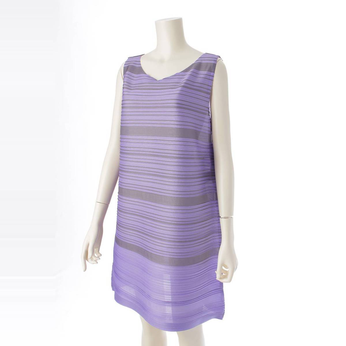 [Pleated Please Issey Miyake] PLEATS PLEASE ISSEY Pleated Border Sleeveless One-Piece Dress PP43-JT673 Purple x Gray 3 [Used] [Authenticated and Guaranteed Authentic] 212678