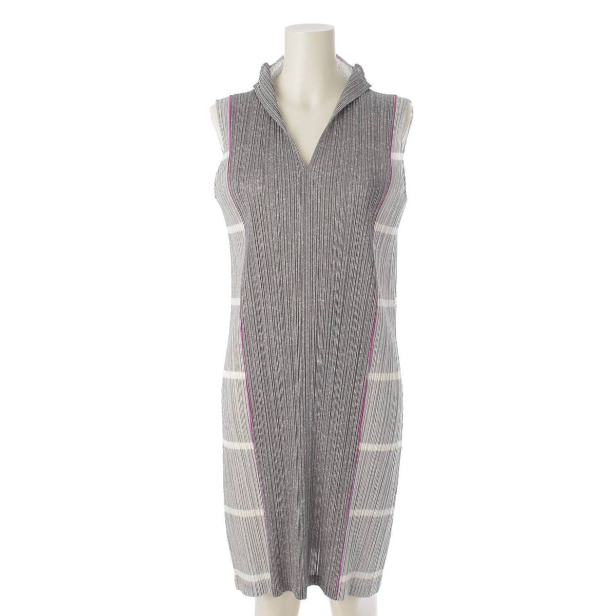 [Pleated Please Issey Miyake] PLEATS PLEASE ISSEY Geometric Pattern Sleeveless One Piece Dress PP01-JH514 Gray 3 [Used] [Authenticated and Guaranteed Authentic] 212681