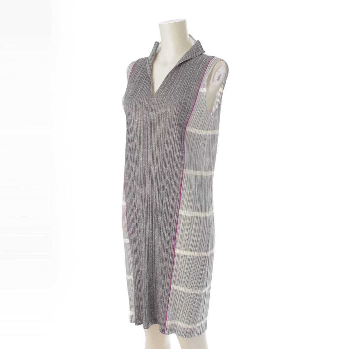 [Pleated Please Issey Miyake] PLEATS PLEASE ISSEY Geometric Pattern Sleeveless One Piece Dress PP01-JH514 Gray 3 [Used] [Authenticated and Guaranteed Authentic] 212681