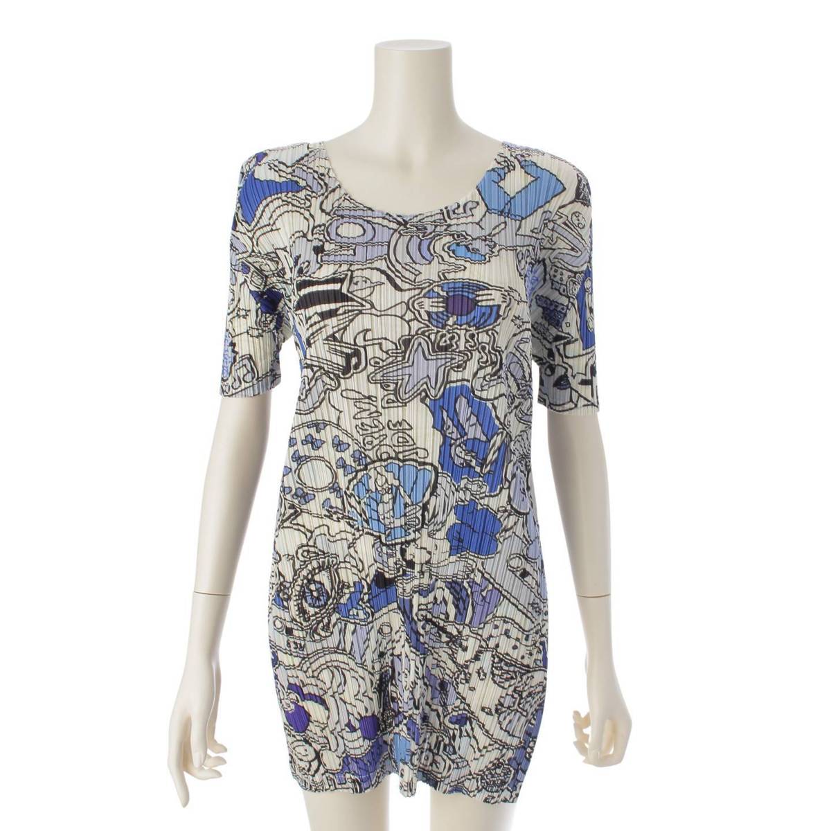 [Pleated Please Issey Miyake] PLEATS PLEASE ISSEY OMNIBUS all-over print mini length short sleeve crew neck dress PP23JT671 Blue 3 [Used] [Authenticated and genuine product guaranteed] 212682