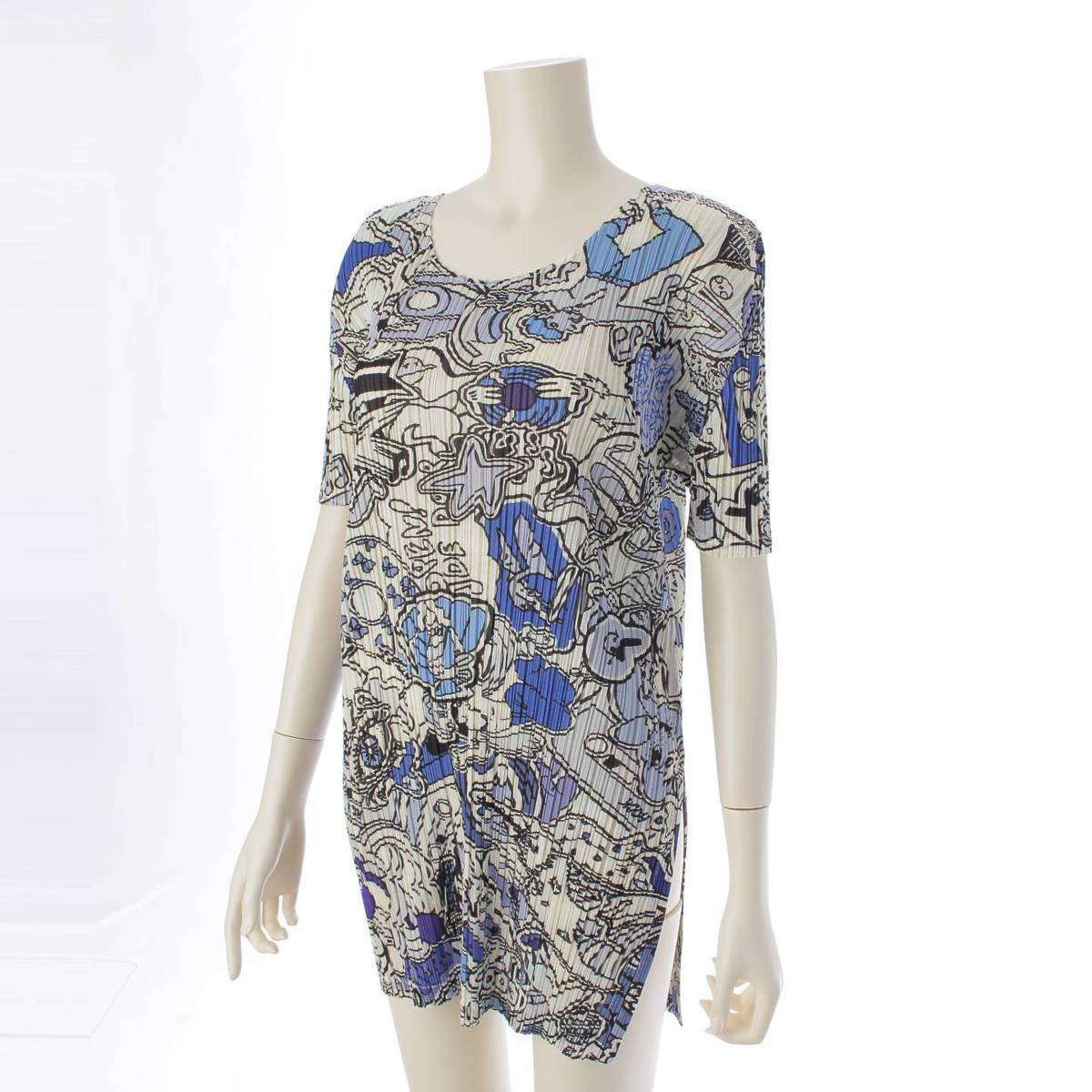 [Pleated Please Issey Miyake] PLEATS PLEASE ISSEY OMNIBUS all-over print mini length short sleeve crew neck dress PP23JT671 Blue 3 [Used] [Authenticated and genuine product guaranteed] 212682