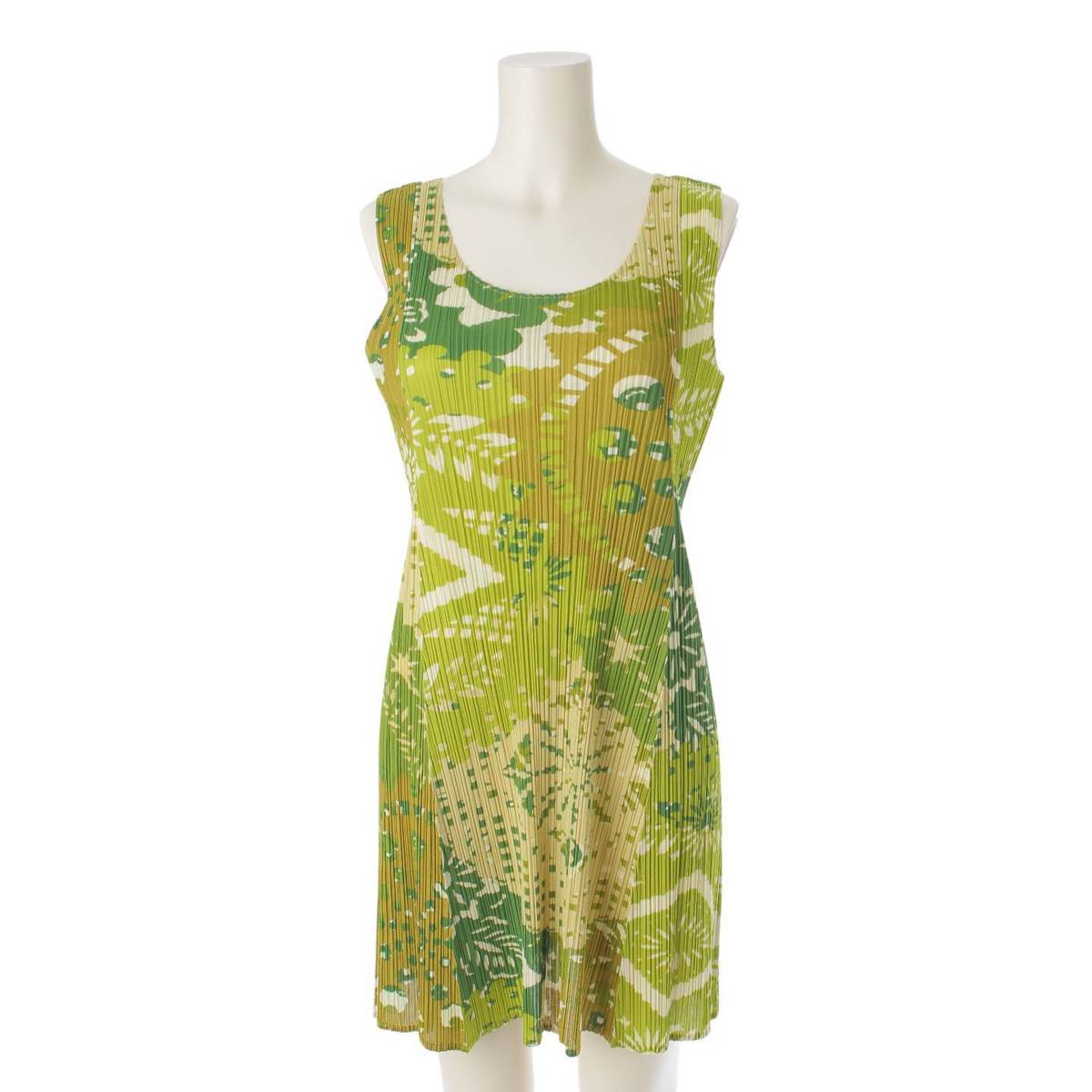 [Pleated Please Issey Miyake] PLEATS PLEASE ISSEY Pleated All-over Print Sleeveless Mini Dress One Piece PP91-JK605 Green 3 [Used] [Authenticated and Guaranteed Authentic] 212685