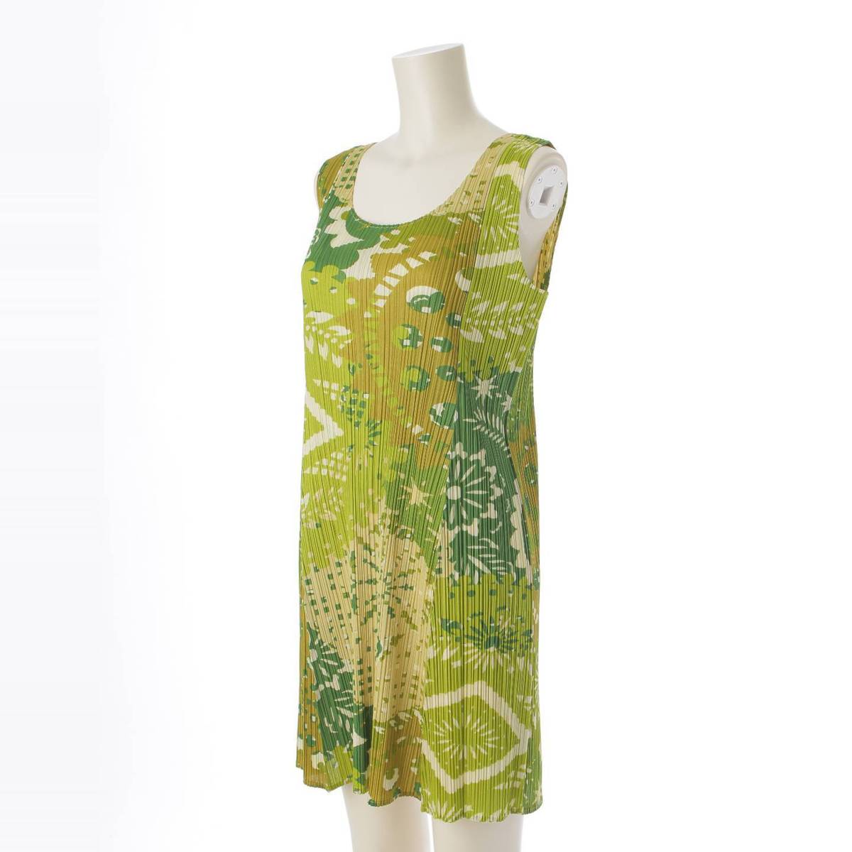 [Pleated Please Issey Miyake] PLEATS PLEASE ISSEY Pleated All-over Print Sleeveless Mini Dress One Piece PP91-JK605 Green 3 [Used] [Authenticated and Guaranteed Authentic] 212685