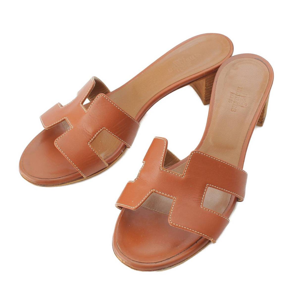 [Hermes] Hermes Oasis H motif leather wood heel sandals mules brown 37 [Used] [Authenticated and genuine product guaranteed] 212724