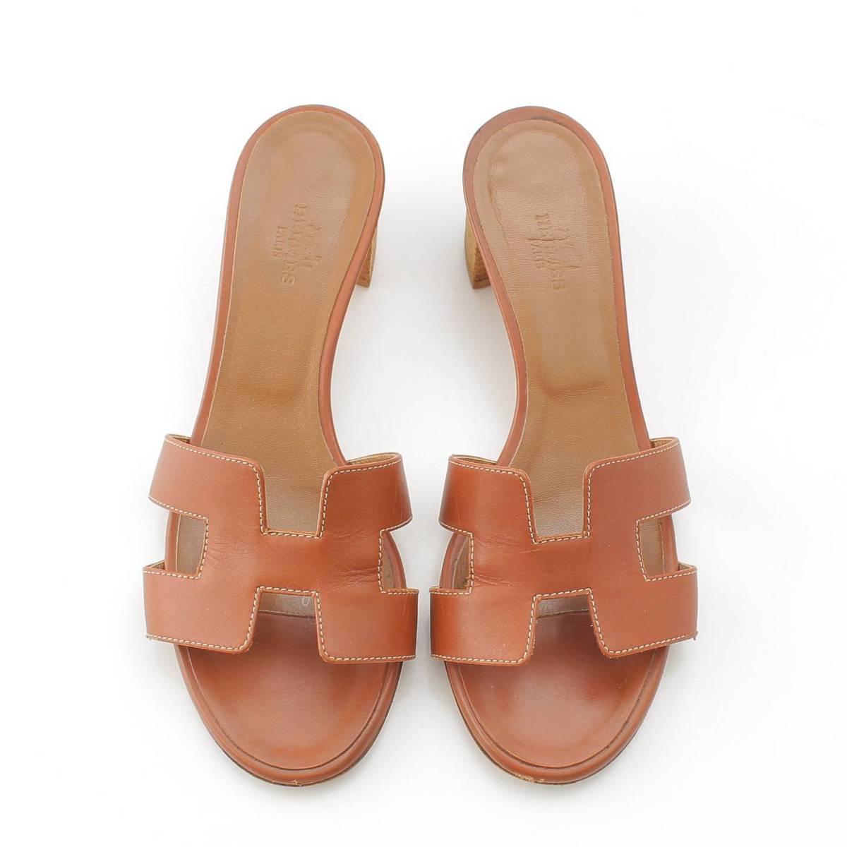 [Hermes] Hermes Oasis H motif leather wood heel sandals mules brown 37 [Used] [Authenticated and genuine product guaranteed] 212724