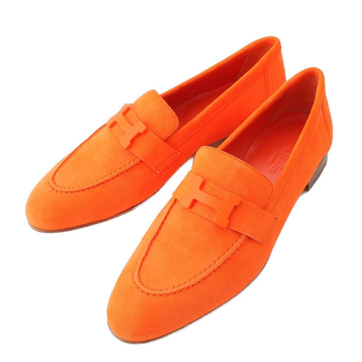 [Hermes] Hermes Moccasin Paris Suede Leather H Logo Loafers Shoes Orange 37 [Used] [Authenticated/Genuine Product Guaranteed] 212777