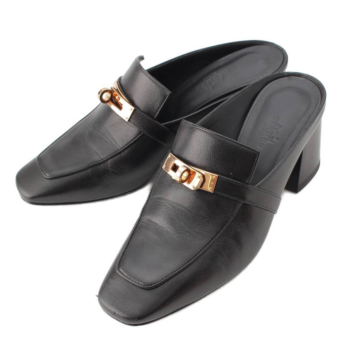 [Hermes] Hermes Blossom Leather Kelly Metal Mule Sandal Shoes Black 36 1/2 [Used] [Authenticated and Guaranteed Authentic] 212779