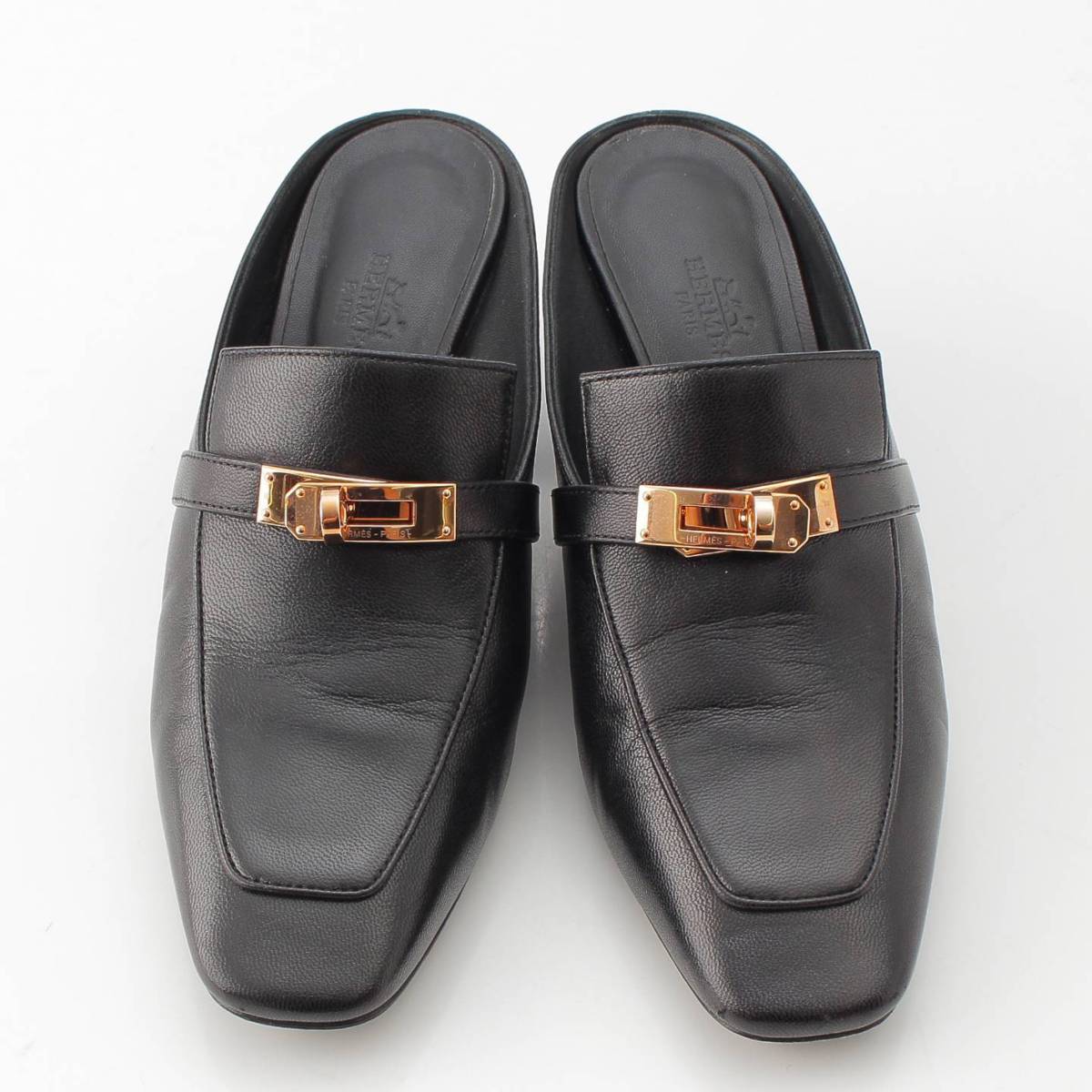 [Hermes] Hermes Blossom Leather Kelly Metal Mule Sandal Shoes Black 36 1/2 [Used] [Authenticated and Guaranteed Authentic] 212779