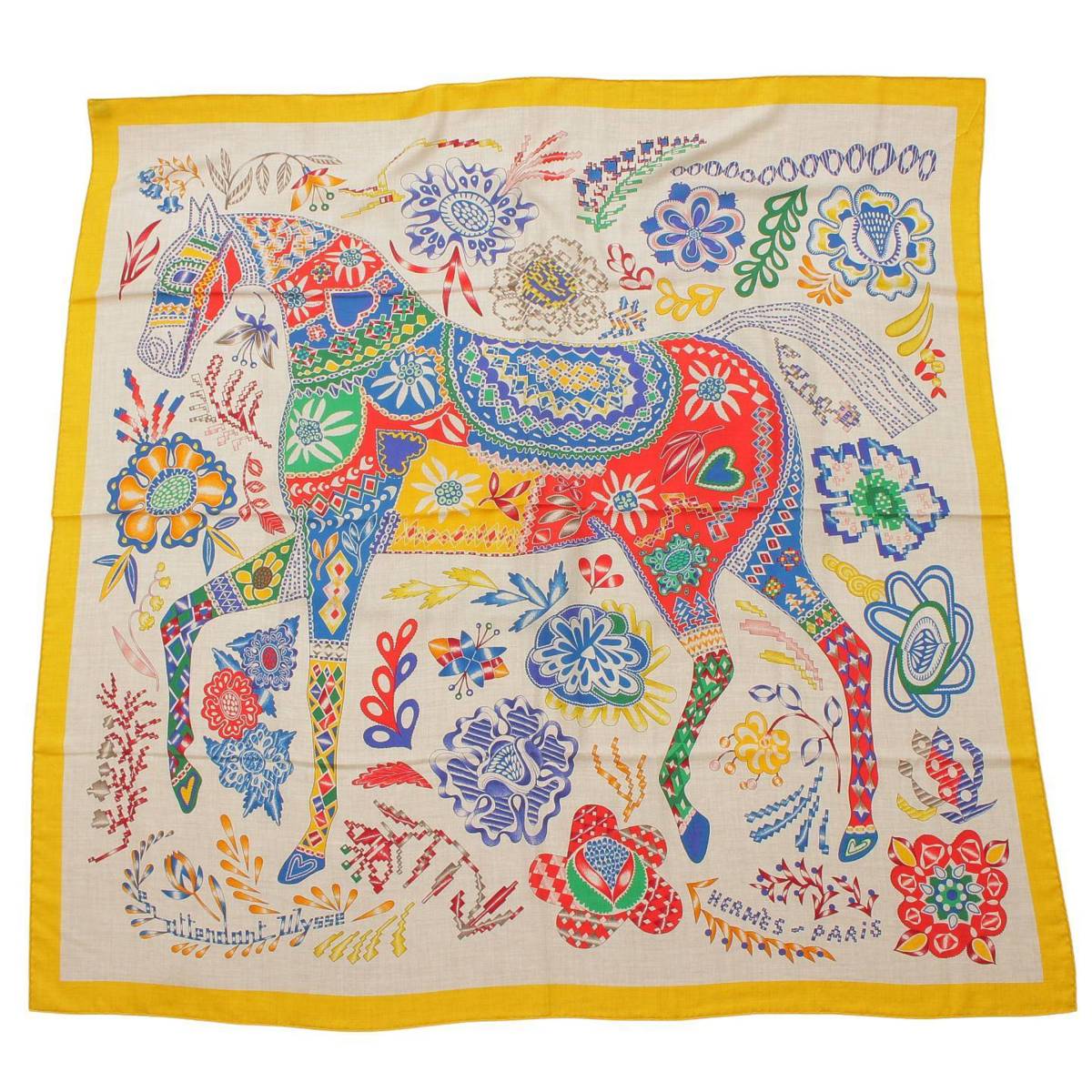 [Hermes] Hermes Carre Gean 140 En Attendant Ulysse Silk Cashmere Scarf Yellow [Used] [Authenticated and Guaranteed Authentic] 212781