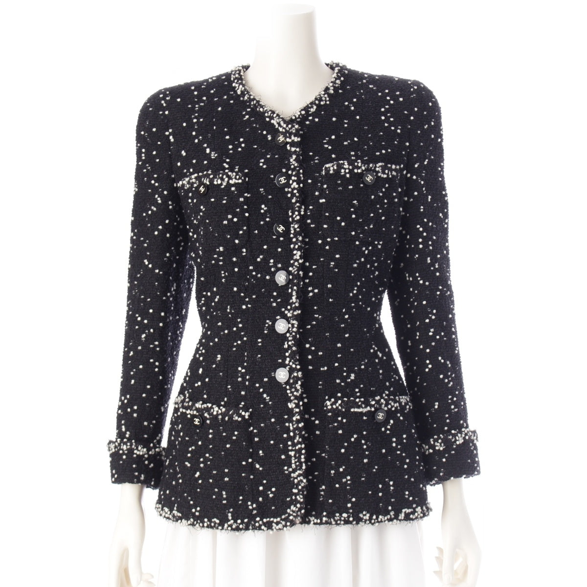 CHANEL 95A Powder Snow Mix Tweed COCO Button No Collar tailored jacket P05430 black 36