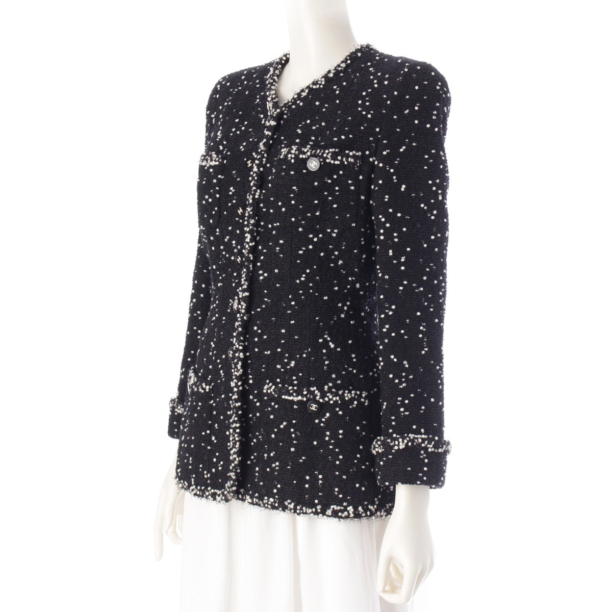 CHANEL 95A Powder Snow Mix Tweed COCO Button No Collar tailored jacket P05430 black 36