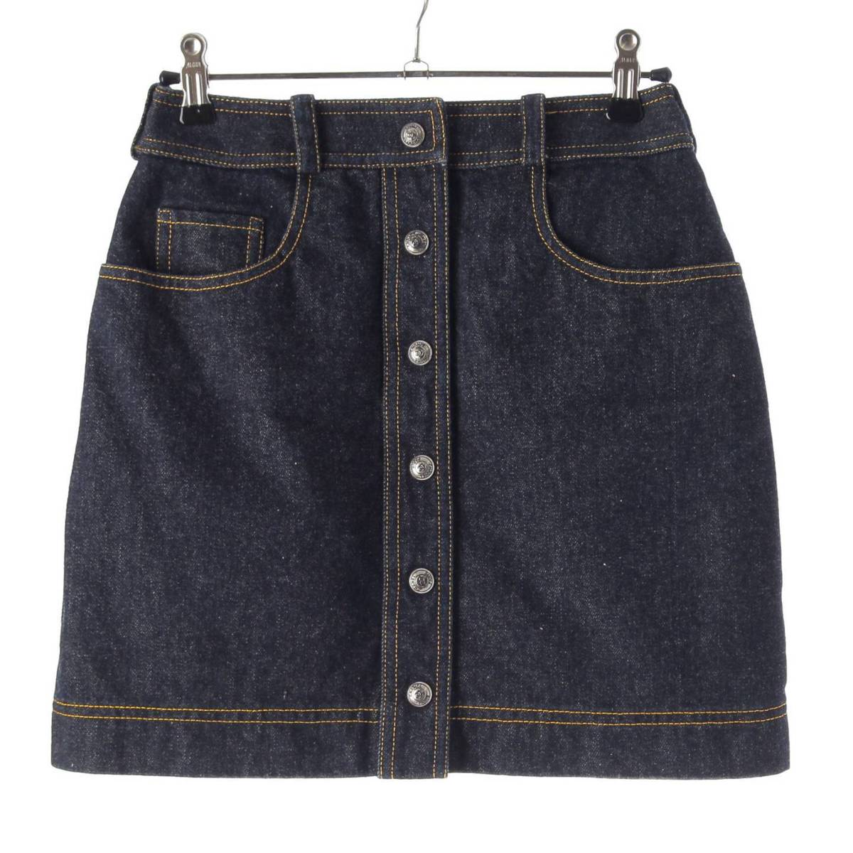 [Chanel] Chanel E97 COCO Button Stitch Denim Trapezoid Mini Skirt PO7739 Indigo 36 [Used] [Authenticated and Guaranteed Authentic] 212809