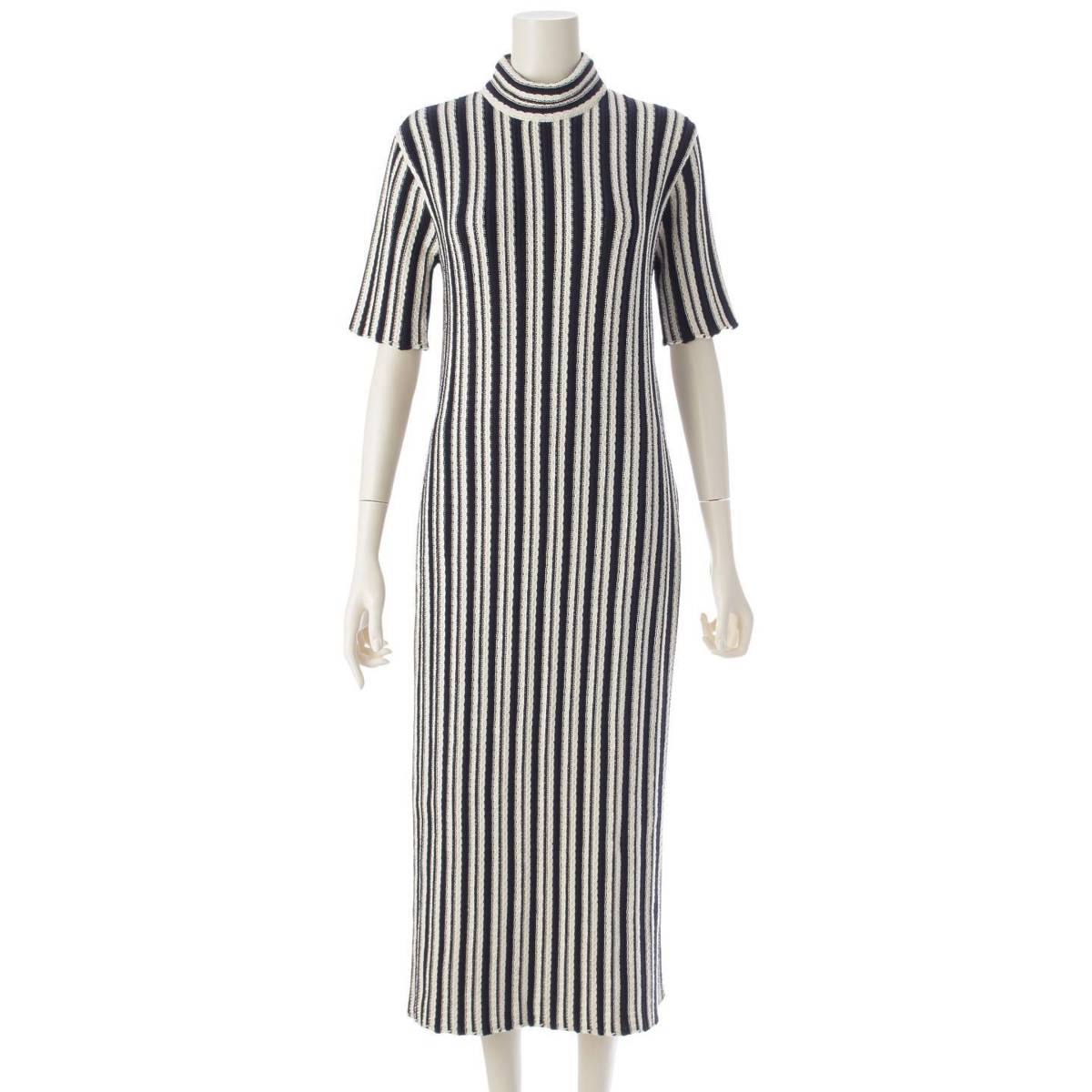 [Jil Sander] Jil Sander 22 Stainless Steel Short Sleeve Striped Side Slit Knit Dress Navy x Off White Size 30 [Used] [Authenticated and Guaranteed Authentic] 213047