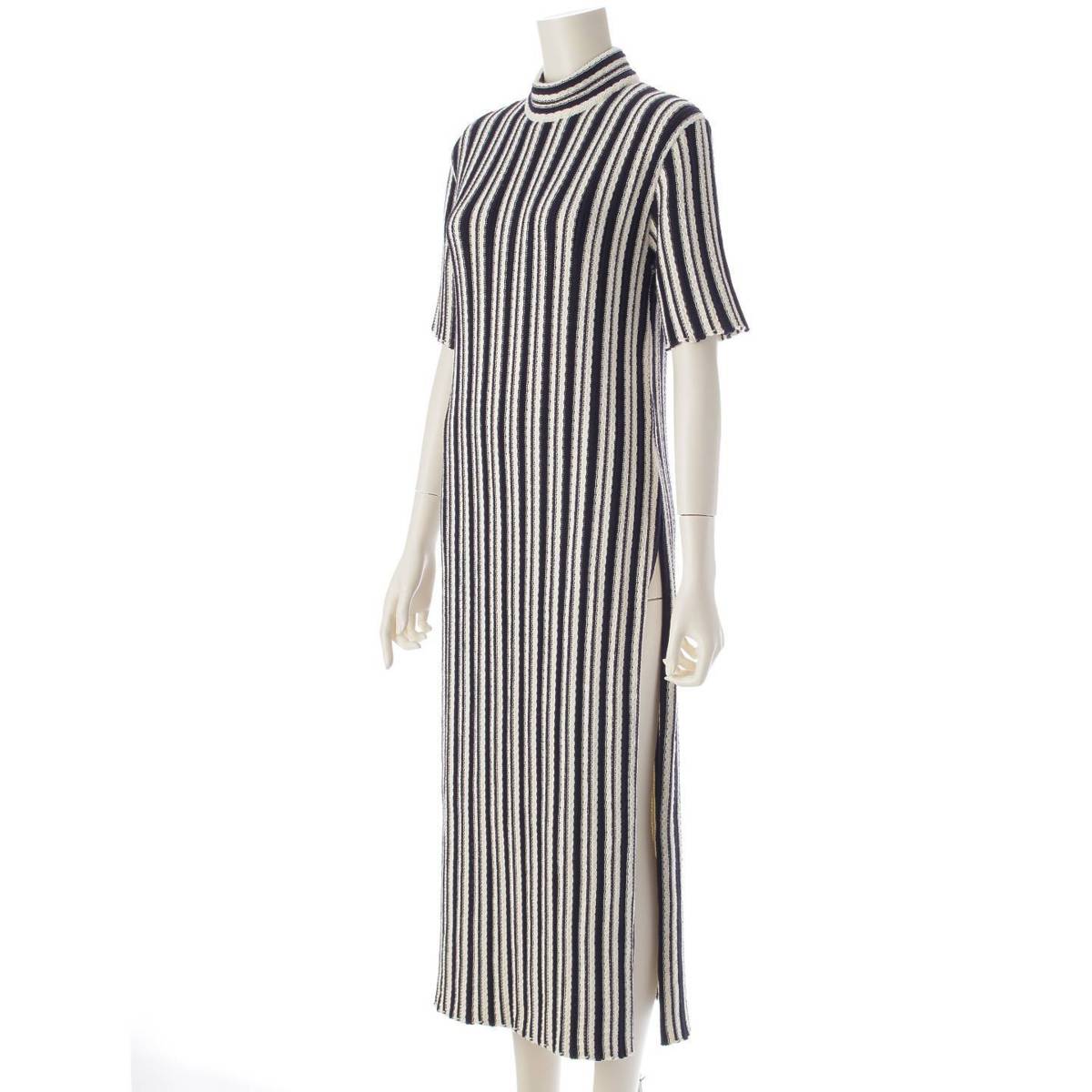 [Jil Sander] Jil Sander 22 Stainless Steel Short Sleeve Striped Side Slit Knit Dress Navy x Off White Size 30 [Used] [Authenticated and Guaranteed Authentic] 213047