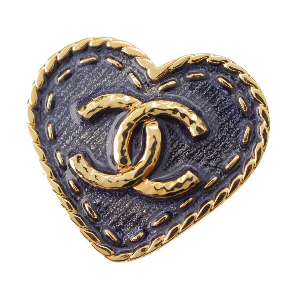 [Chanel] Chanel I24P COCO Mark Heart Denim Brooch Accessory Gold [Used] [Authenticated and Guaranteed Authentic] 213110