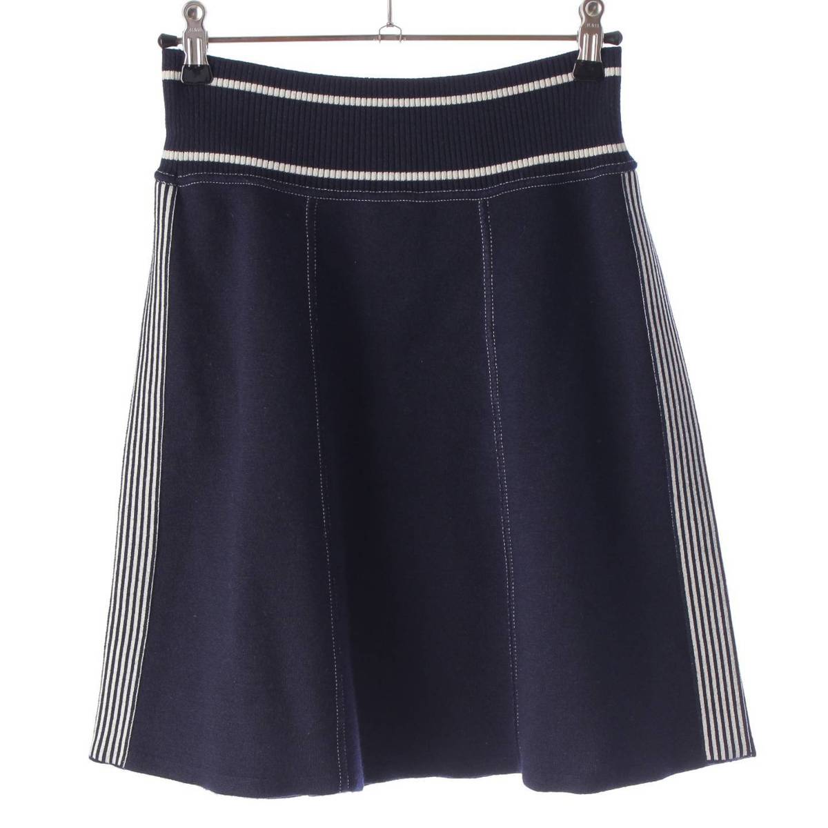 [Chanel] Chanel 08C Cashmere Side Stripe Airplane Stitch Knit Skirt P32498 Navy 36 [Used] [Authenticated and Guaranteed Authentic] 213143