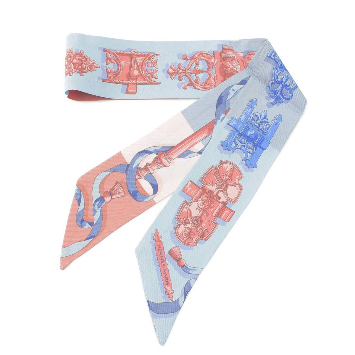 [Hermes] Hermes Twilly Ferronnerie Ironwork All-over Pattern Silk Scarf Stole Pink Blue [Used] [Authenticated/Genuine Product Guaranteed] 213243