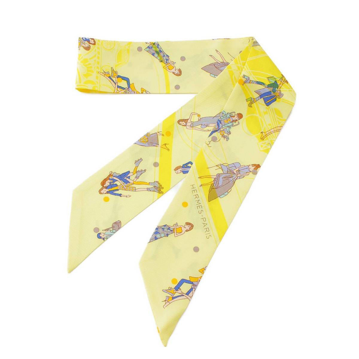 [Hermes] Hermes Twilly Eclipse Parisienne all-over pattern silk scarf stole yellow [Used] [Authenticated and genuine product guaranteed] 213247