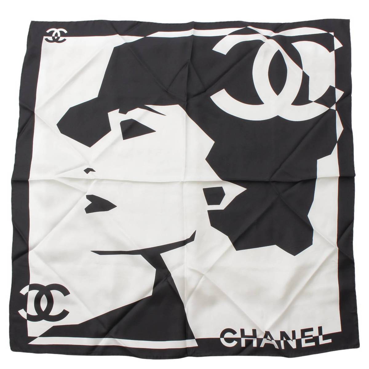 [Chanel] Chanel COCO Mark Mademoiselle Silk Monotone Scarf Black White [Used] [Authenticated and Guaranteed Authentic] 213251