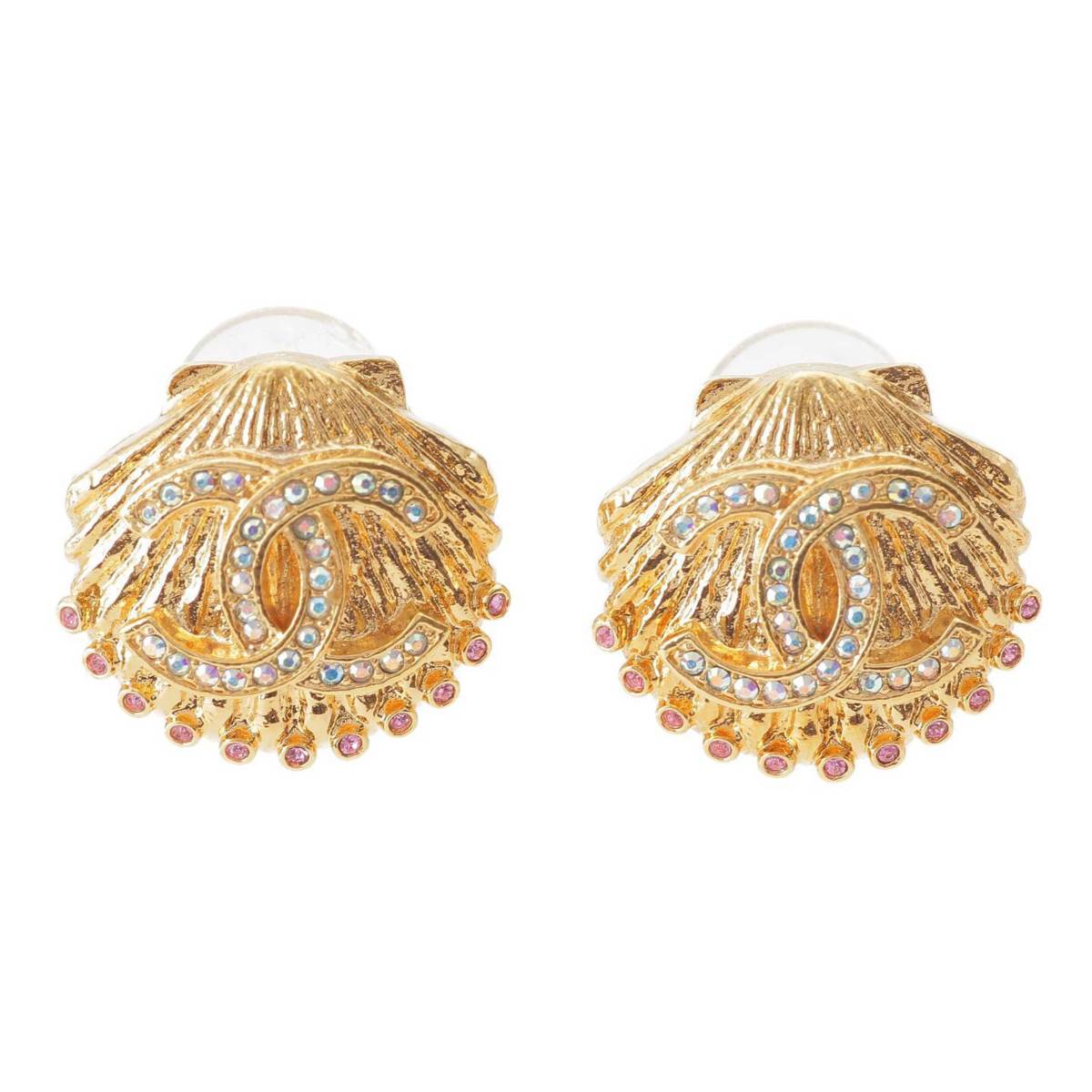 [Chanel] Chanel G23C COCO Mark Rhinestone Bijou Shell Earring Gold Plated Gold [Used] [Authenticated and Guaranteed Authentic] 213257