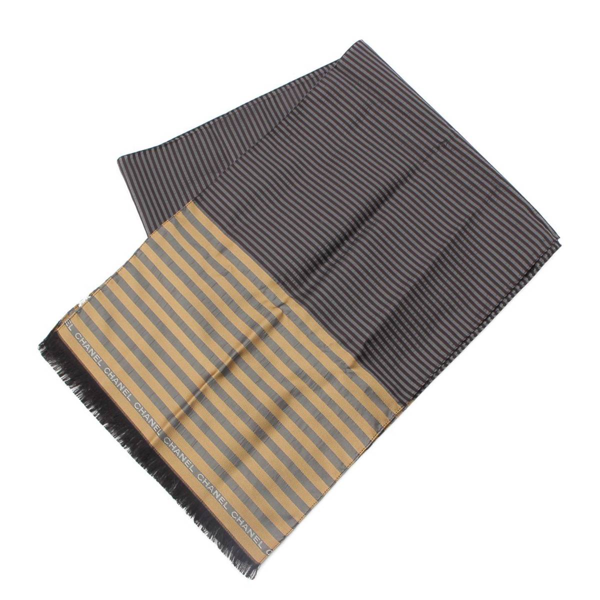 [Chanel] Chanel Logo Border Silk Stole Fringe Black x Brown [Used] [Authenticated and Guaranteed Authentic] 213292
