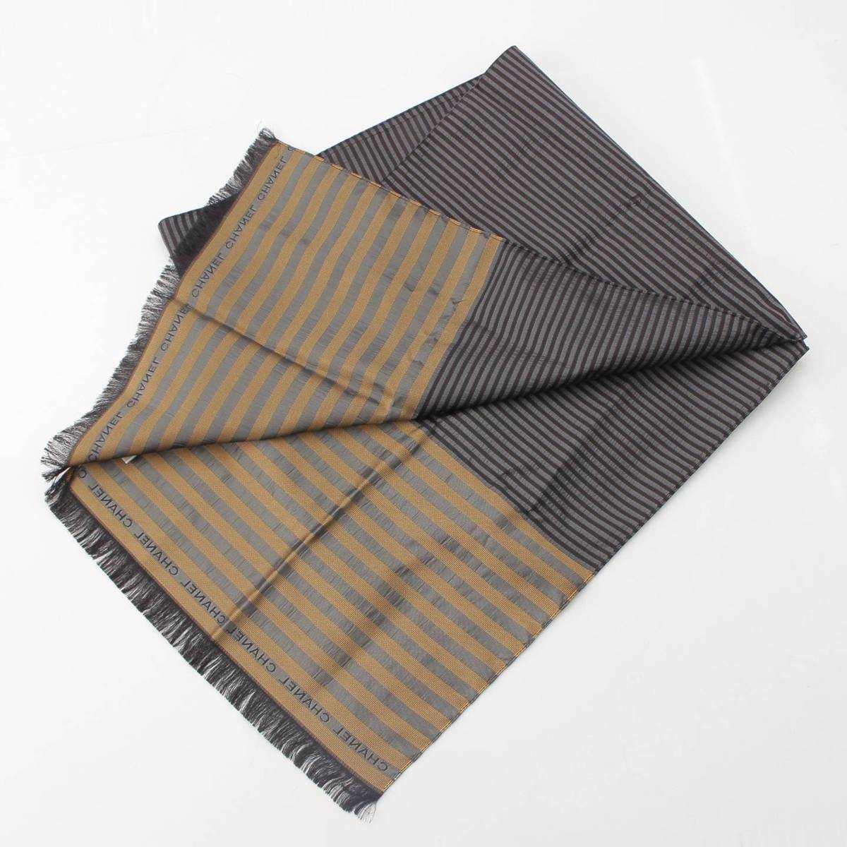 [Chanel] Chanel Logo Border Silk Stole Fringe Black x Brown [Used] [Authenticated and Guaranteed Authentic] 213292