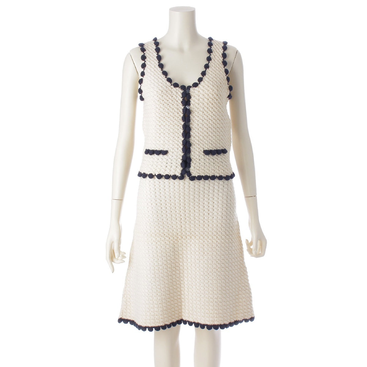 Chanel 03P Cashmere Blend Knit Top & Skirt Set White x Navy 36